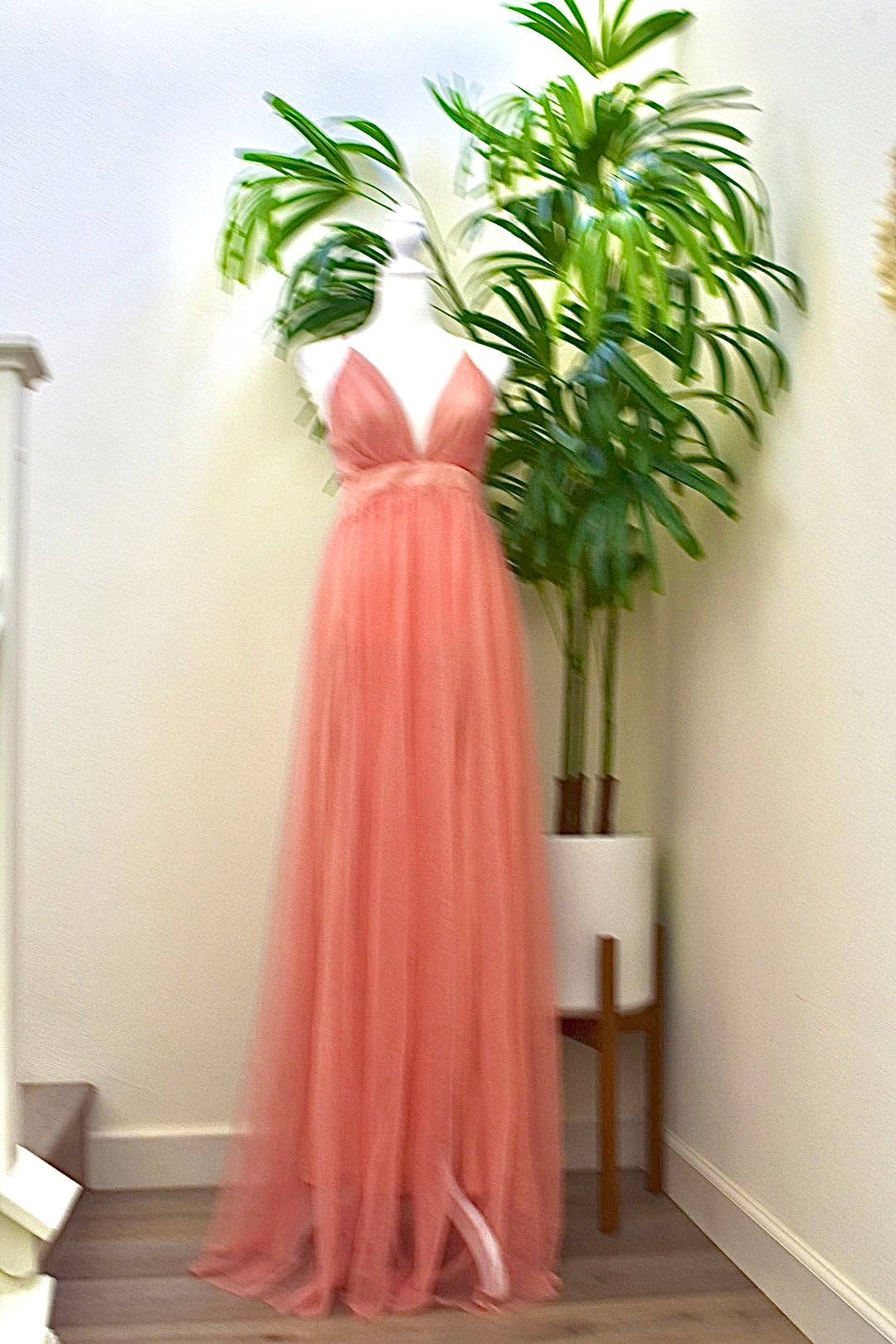 PEACH TULLE LONG MAXI DRESS