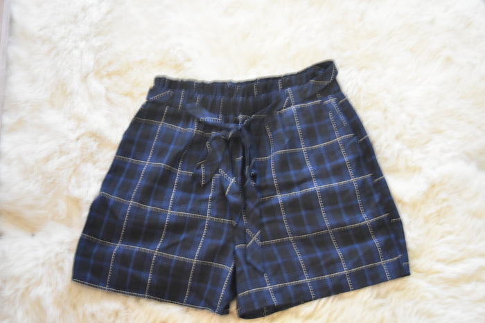 BLUE PLAID PAPER BAG SHORTS