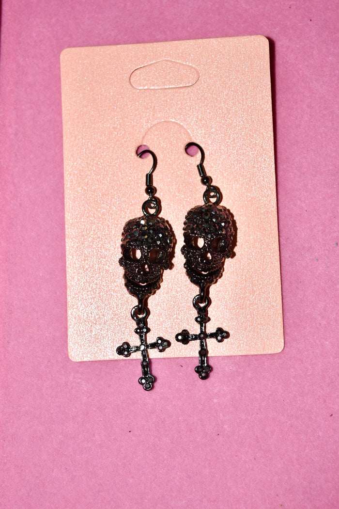 BLACK RHINESTONE SKULL DANGLE EARRINGS