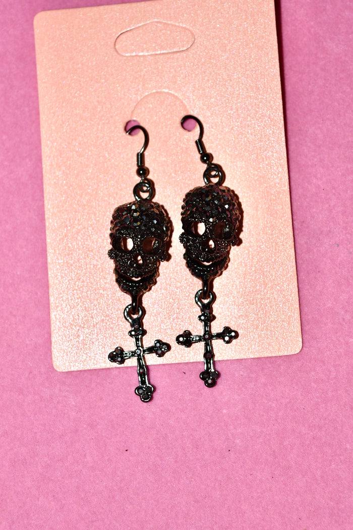 BLACK RHINESTONE SKULL DANGLE EARRINGS