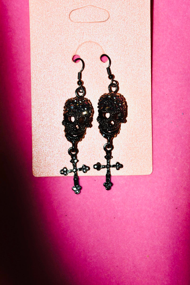 BLACK RHINESTONE SKULL DANGLE EARRINGS