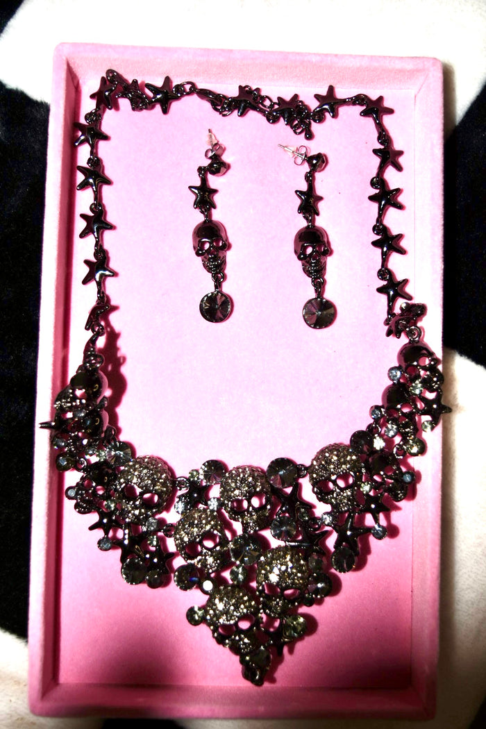 BLACK SKULL RHINESTONE BLING NECKLACE AND EARRINGS SET