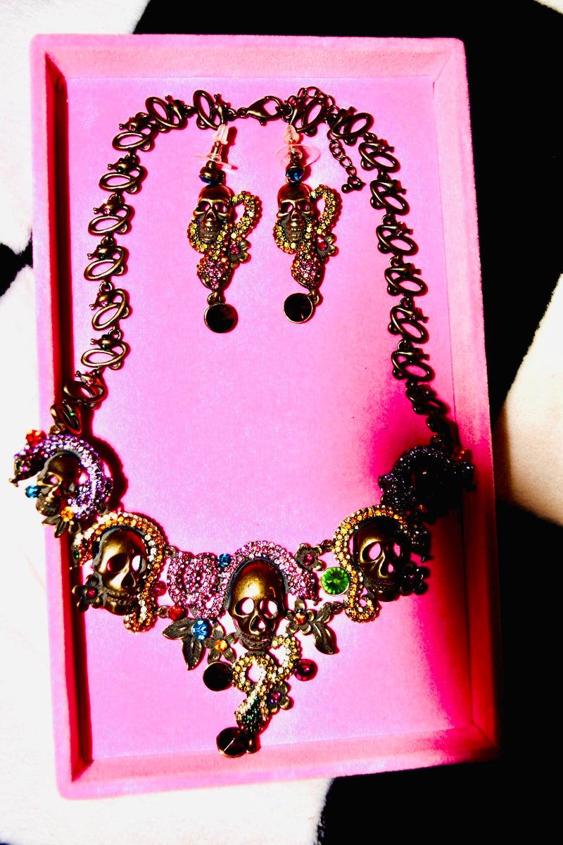 COLORFUL SKULL AND SNAKE NECKLACE AND EARRING SET