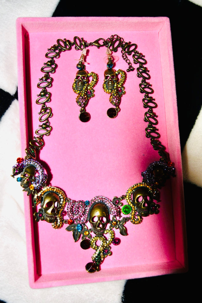 COLORFUL SKULL AND SNAKE NECKLACE AND EARRING SET