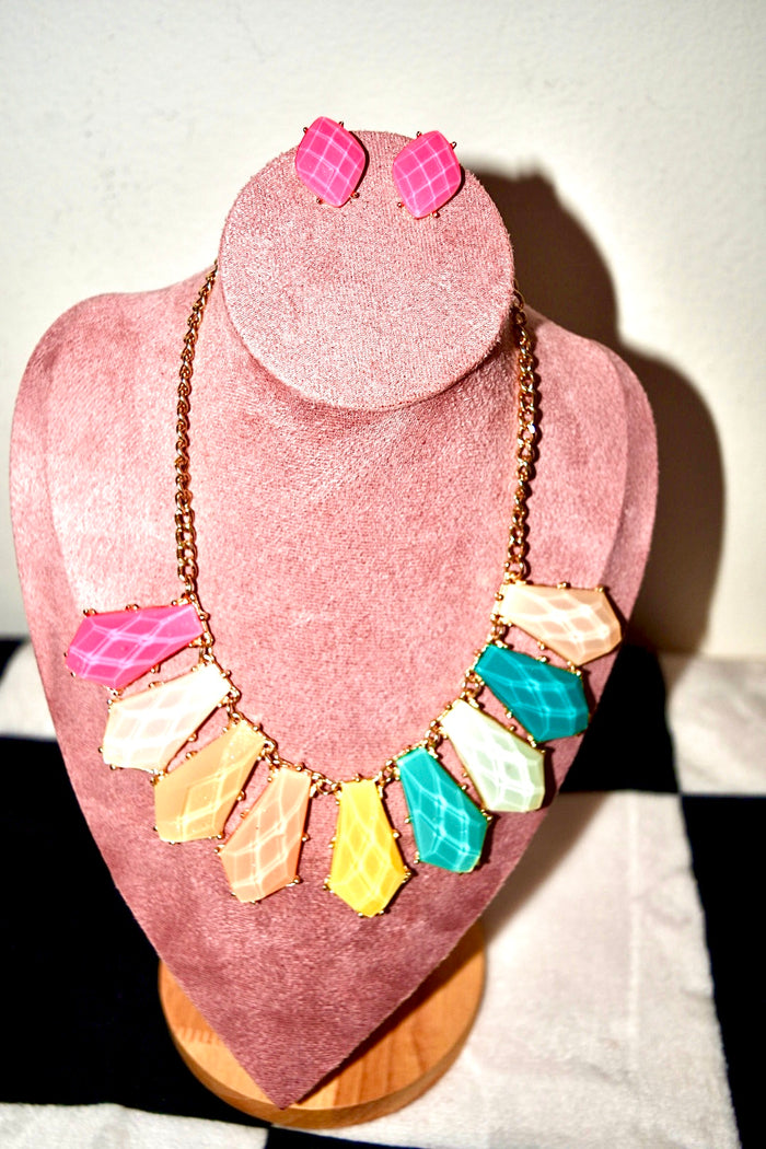 NEON MULTI COLOR  FACETED NECKLACE AND EARRING SET