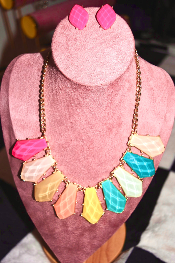 NEON MULTI COLOR  FACETED NECKLACE AND EARRING SET