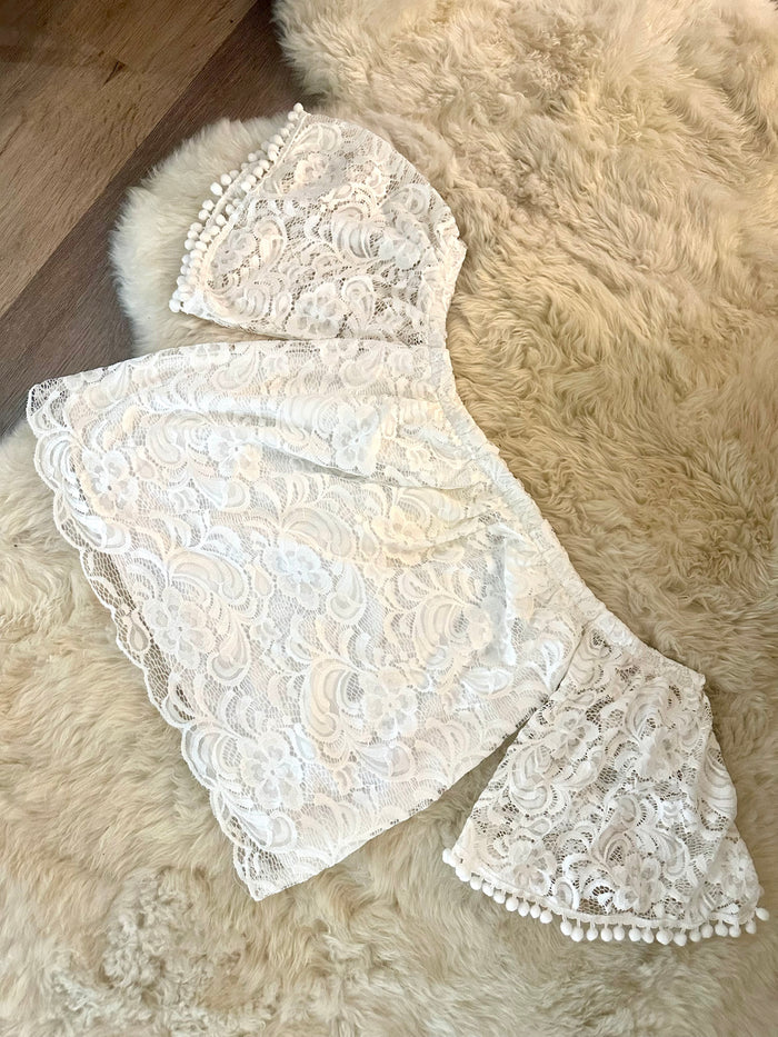 BLUSHING HEART LACE BELL SLEEVE OFF SHOULDER TOP