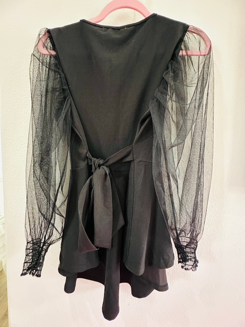BLACK SHEER SLEEVE TIE BACK DRESS TOP