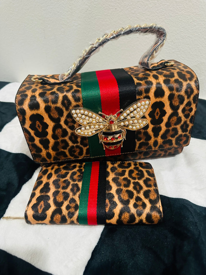 LEOPARD BEE WALLET AND HANDBAG &. STRAP
