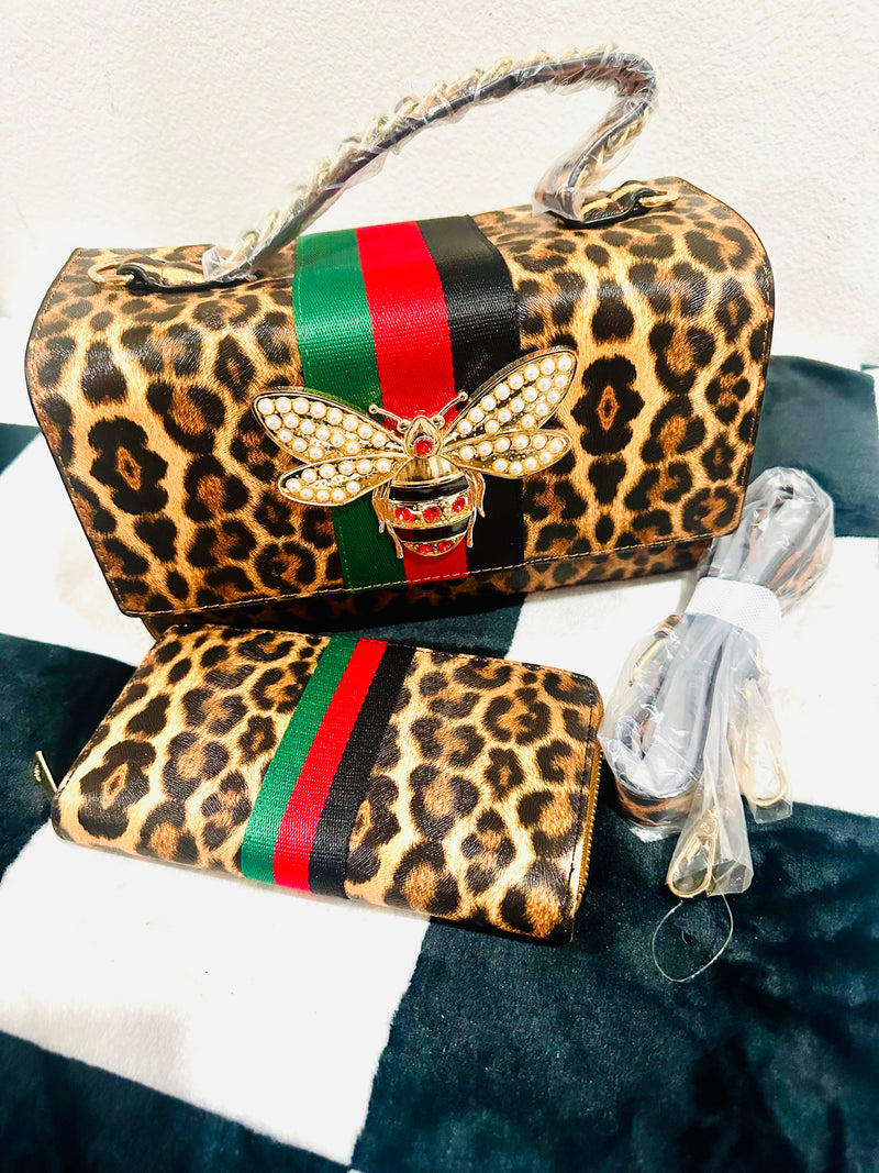 LEOPARD BEE WALLET AND HANDBAG &. STRAP