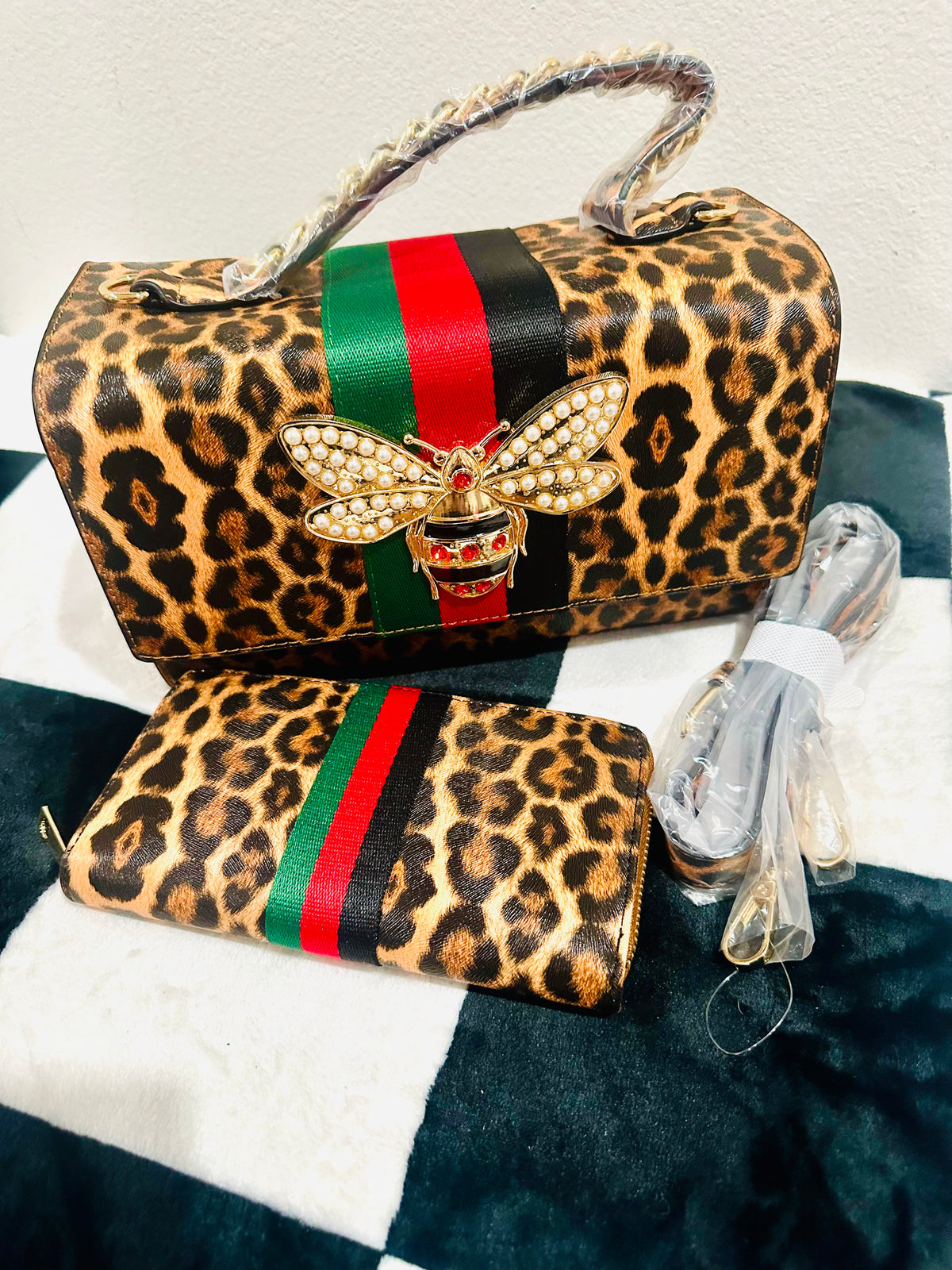 LEOPARD BEE WALLET AND HANDBAG &. STRAP