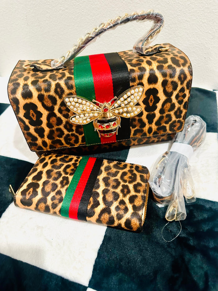 LEOPARD BEE WALLET AND HANDBAG &. STRAP