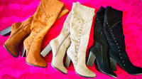 HEELED KNEE HIGH STUDDED DETAIL BOOTS
