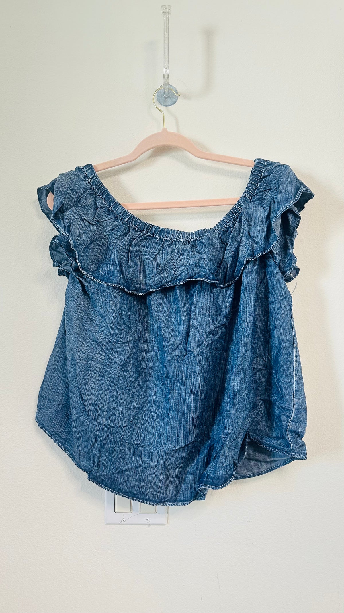 BLUE DENIM RUFFLE OFF SHOULDER TOP
