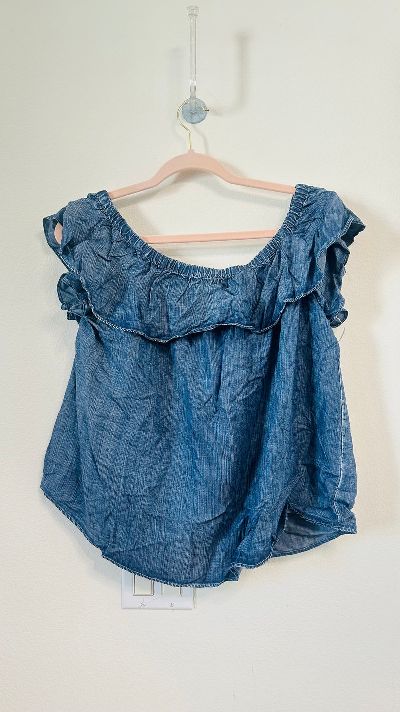 BLUE DENIM RUFFLE OFF SHOULDER TOP