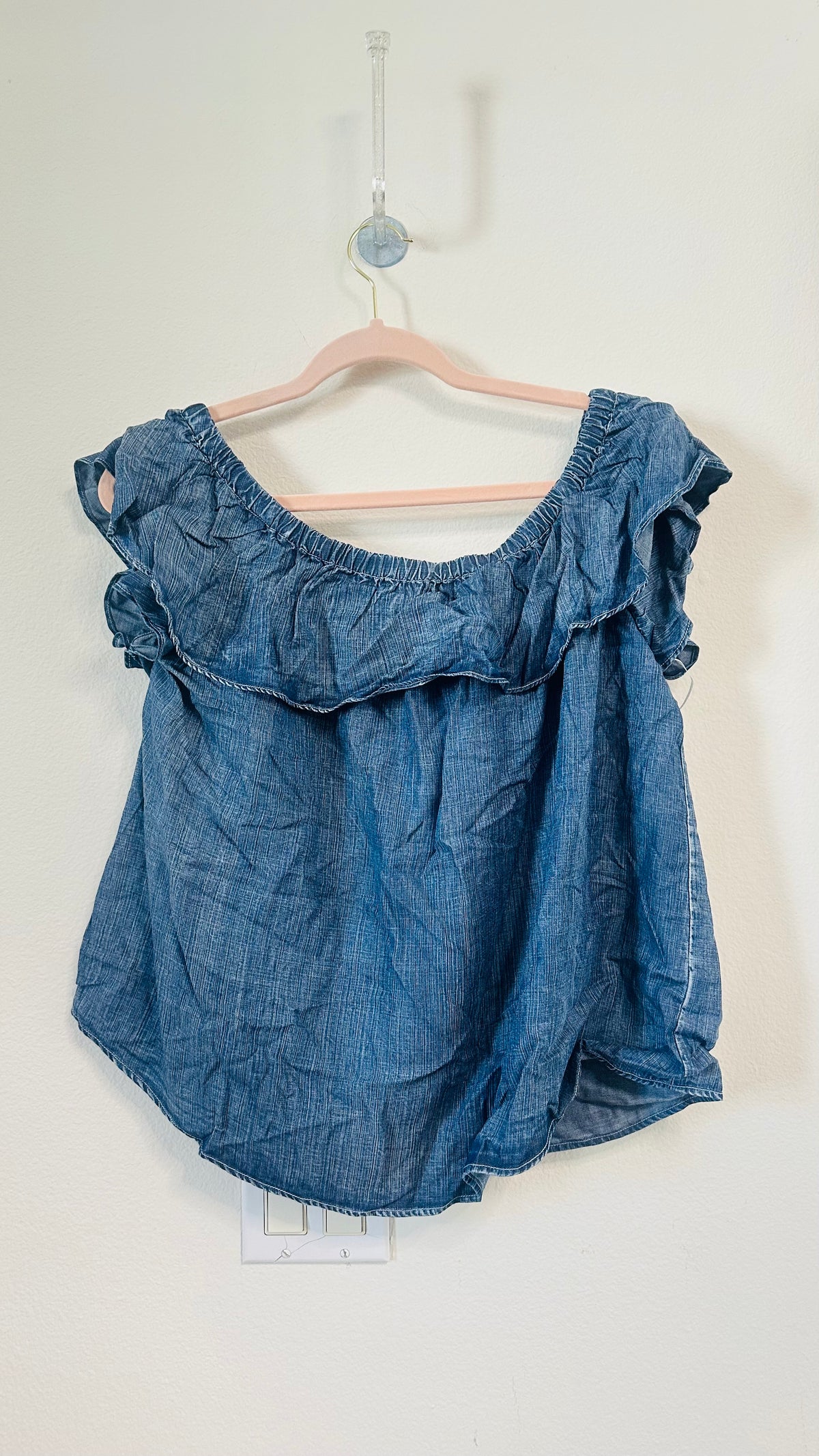BLUE DENIM RUFFLE OFF SHOULDER TOP