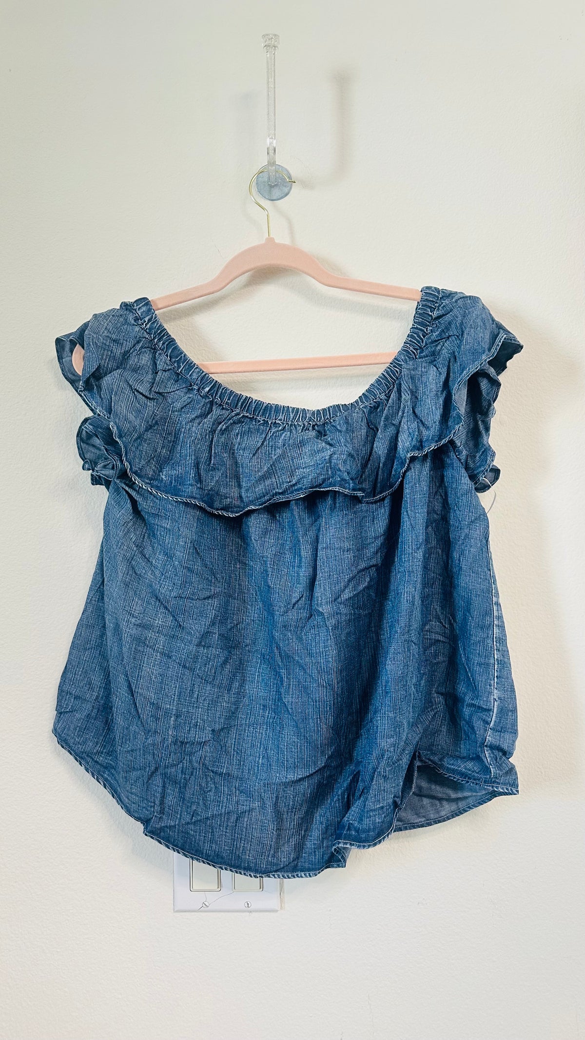 BLUE DENIM RUFFLE OFF SHOULDER TOP