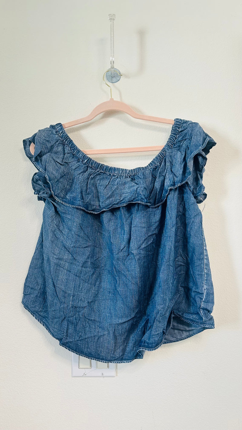 BLUE DENIM RUFFLE OFF SHOULDER TOP