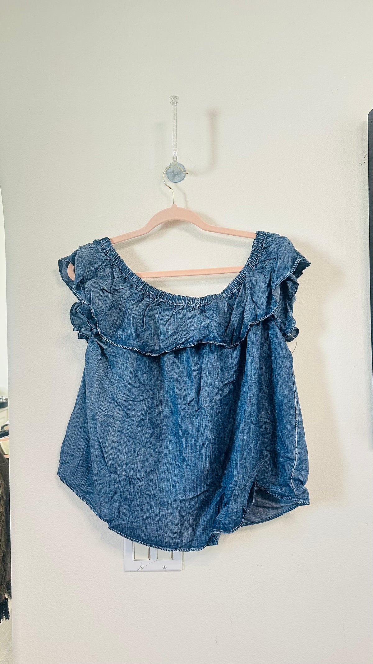 BLUE DENIM RUFFLE OFF SHOULDER TOP