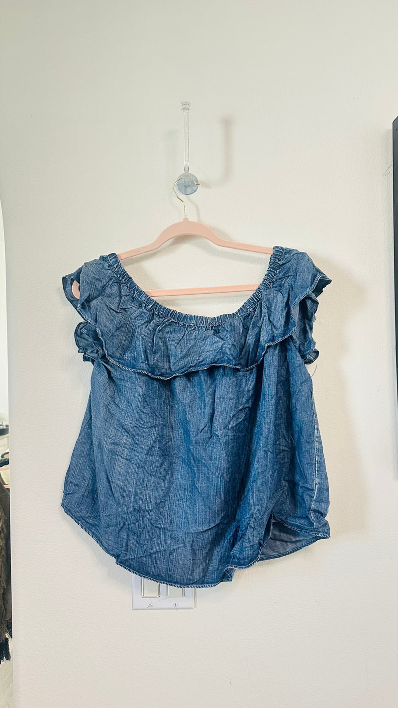 BLUE DENIM RUFFLE OFF SHOULDER TOP