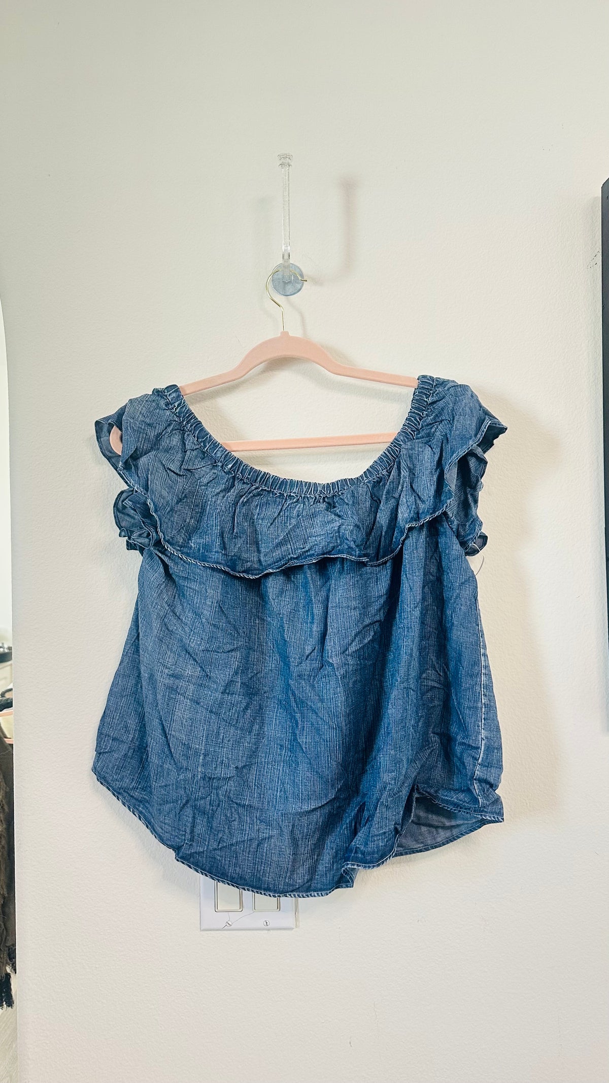 BLUE DENIM RUFFLE OFF SHOULDER TOP