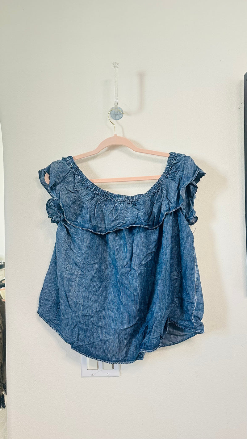 BLUE DENIM RUFFLE OFF SHOULDER TOP